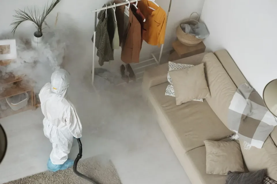Pest Control Technician — Residential Interior Pest Control Technician — Residential Interior — Pest Control Technician, Protective Hazmat Suit, Fogging Machine, Pest Cont…