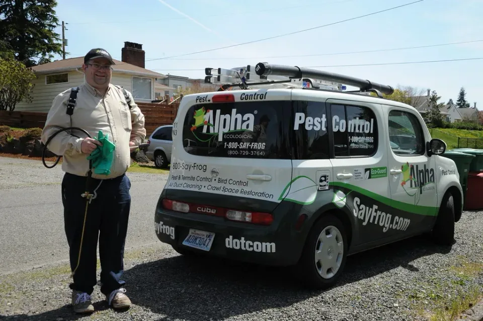 Pest Control Technician — Residential Service Pest Control Technician — Residential Service — Pest Control Technician, Service Vehicle, Roof Ladder Rack, Pest Control, Pe…